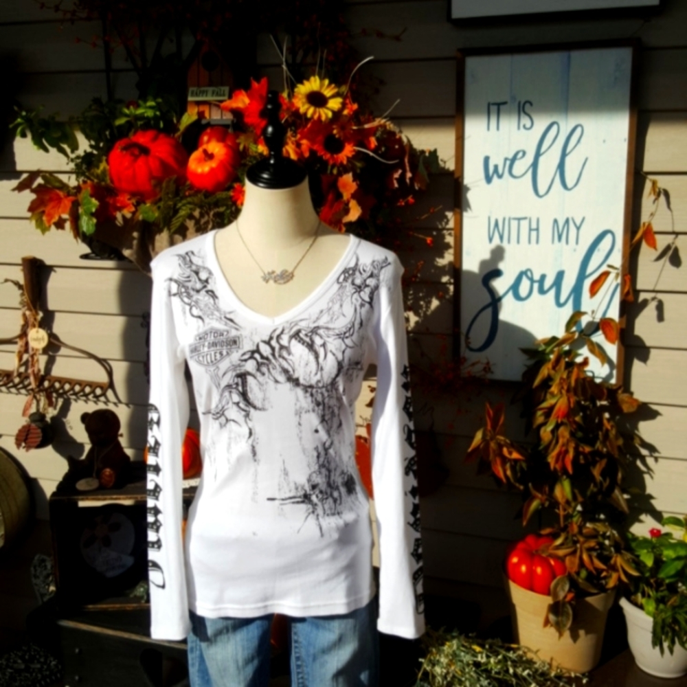 HARLEY-DAVIDSON ♡ Sweet White|Black L|S Embellished Bling Rhinestones H-D Top M